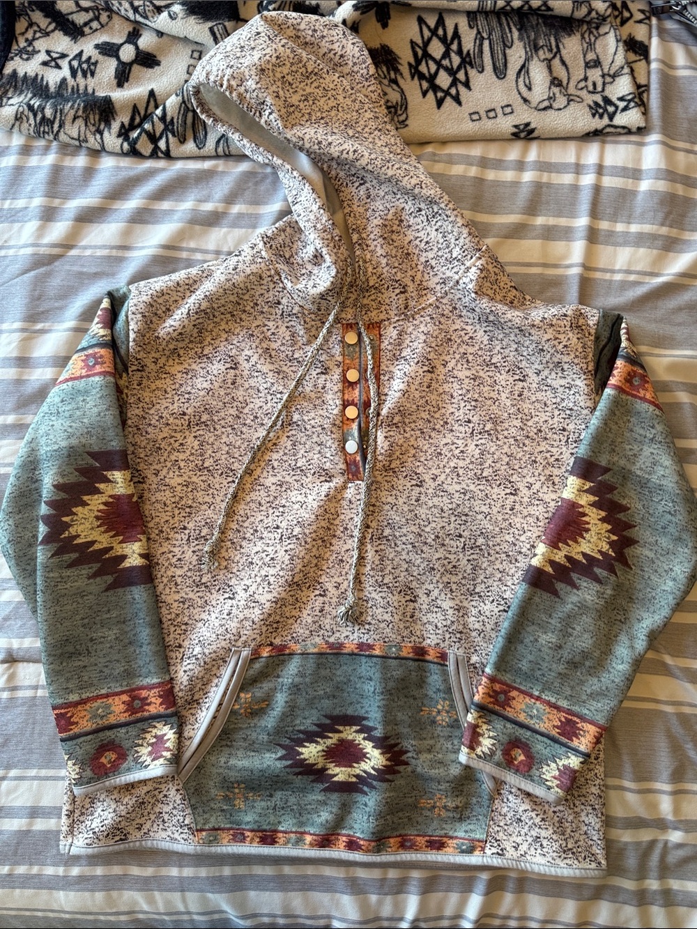 Speckled Pullover Hoodie with Aztec Sleeve Panels - Teal & Maroon